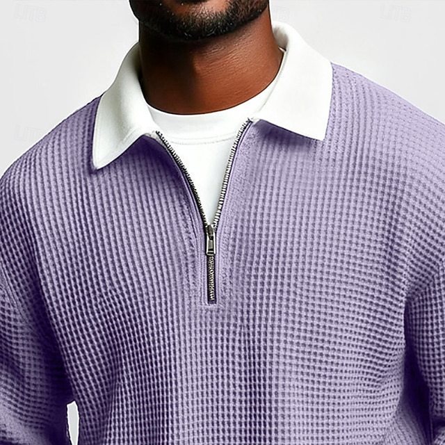 Men’s Waffle Knit Zip Polo – Long Sleeve Casual Shirt