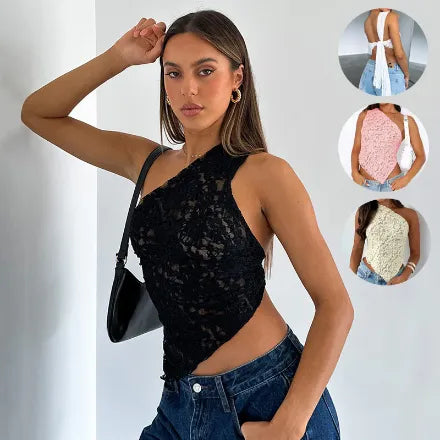 Asymmetrical Backless Top – Lace Detail Summer Style