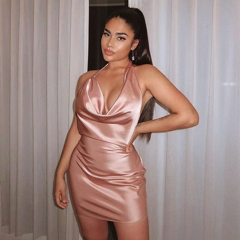 Satin V-Neck Backless Mini Dress – Elegant Party Style