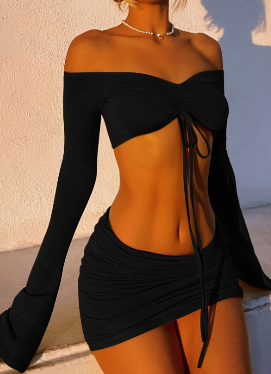 Y2K Off-Shoulder 2-Piece Set – Ruched Top & Bodycon Skirt