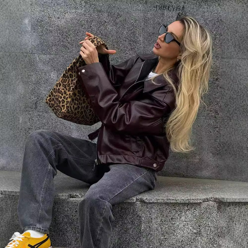Women’s Leather Jacket – Zip-Up Long Sleeve Coat