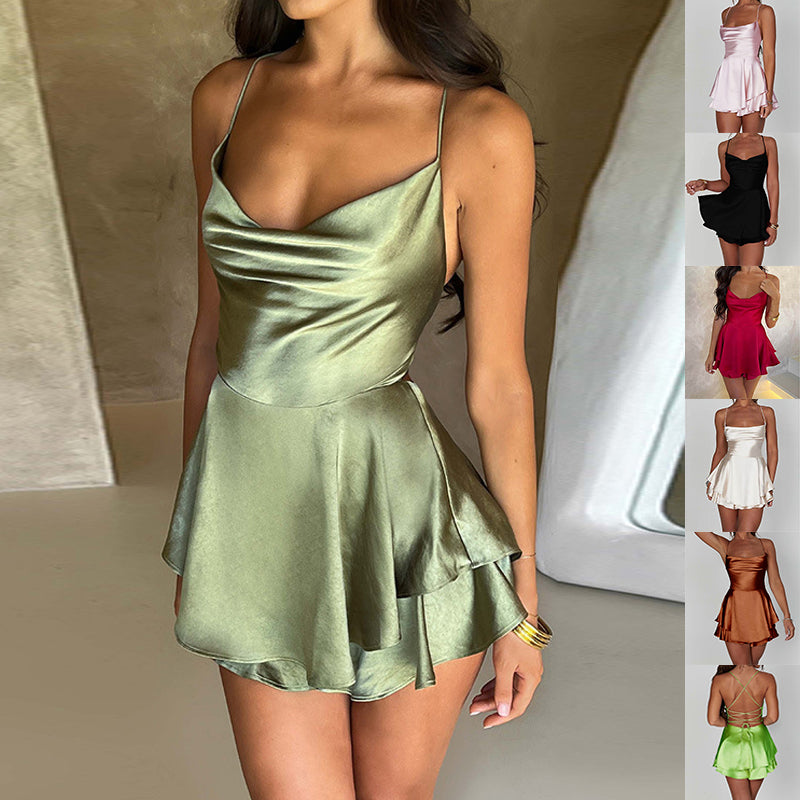 Satin Backless Mini Dress – Lace-Up Elegant Style