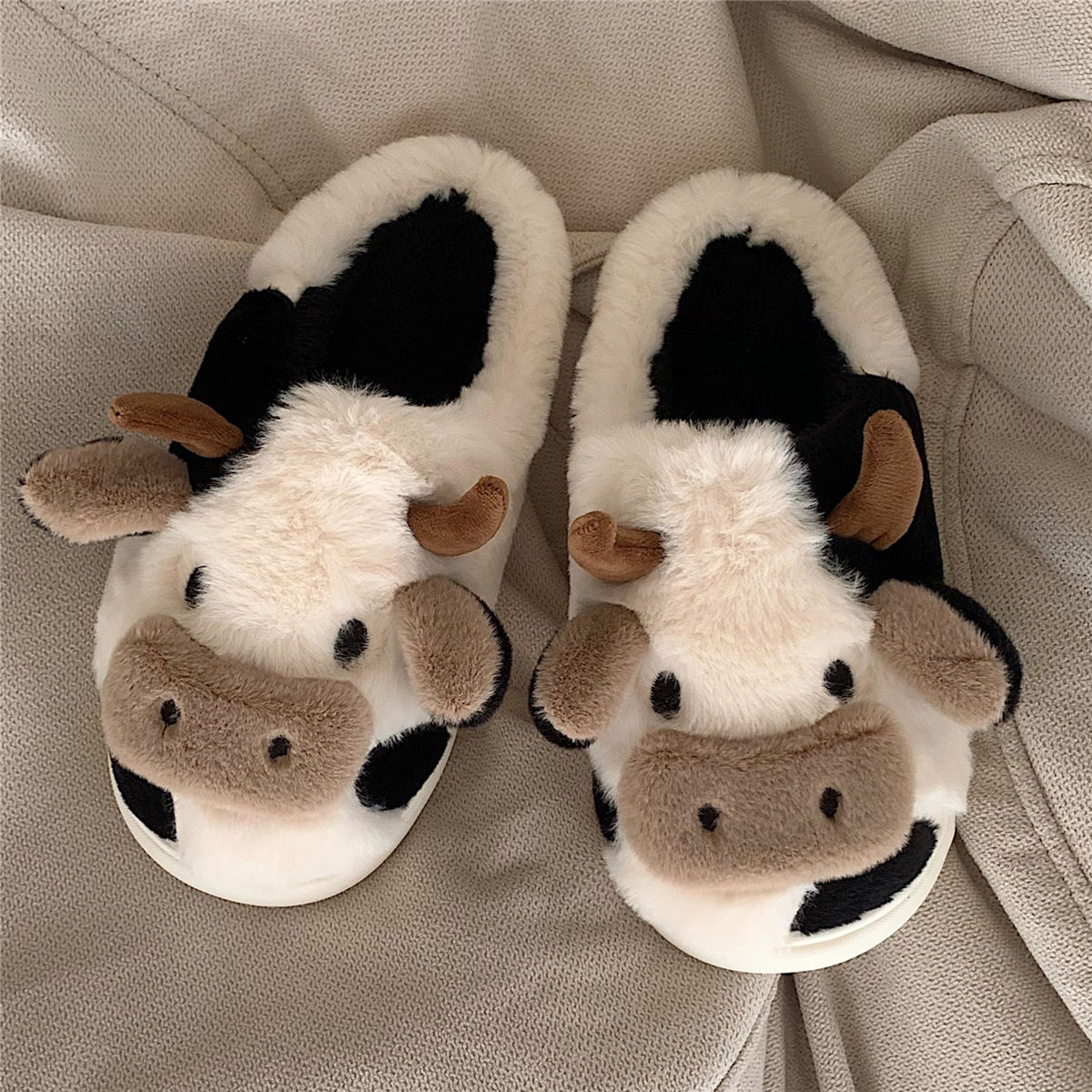 Cow Plush Slippers – Cute Kawaii Soft Indoor Shoes