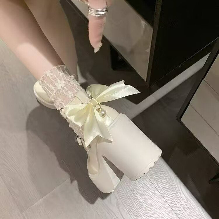 White Platform Mary Jane Heels – Bow Detail