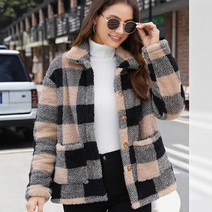 Color Block Plaid Jacket – Casual Button-Up Coat with Pockets