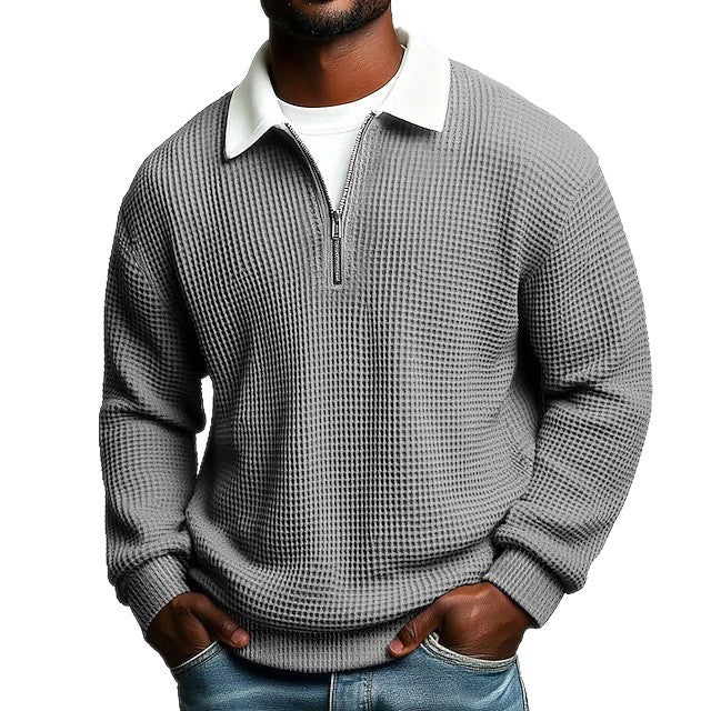 Men’s Waffle Knit Zip Polo – Long Sleeve Casual Shirt