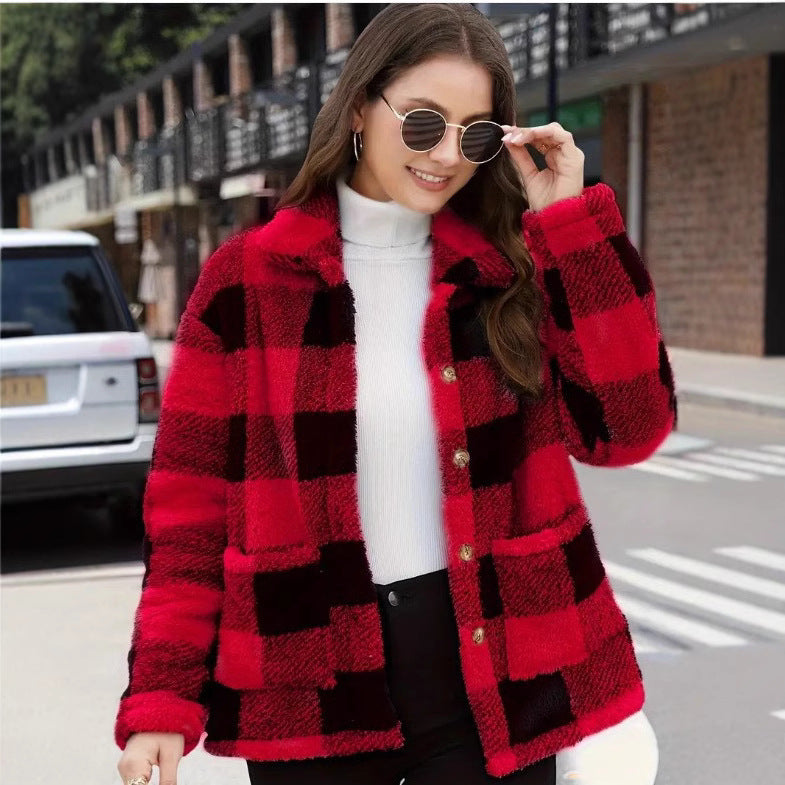 Color Block Plaid Jacket – Casual Button-Up Coat with Pockets