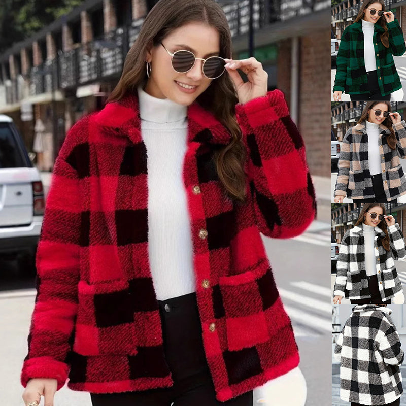 Color Block Plaid Jacket – Casual Button-Up Coat with Pockets