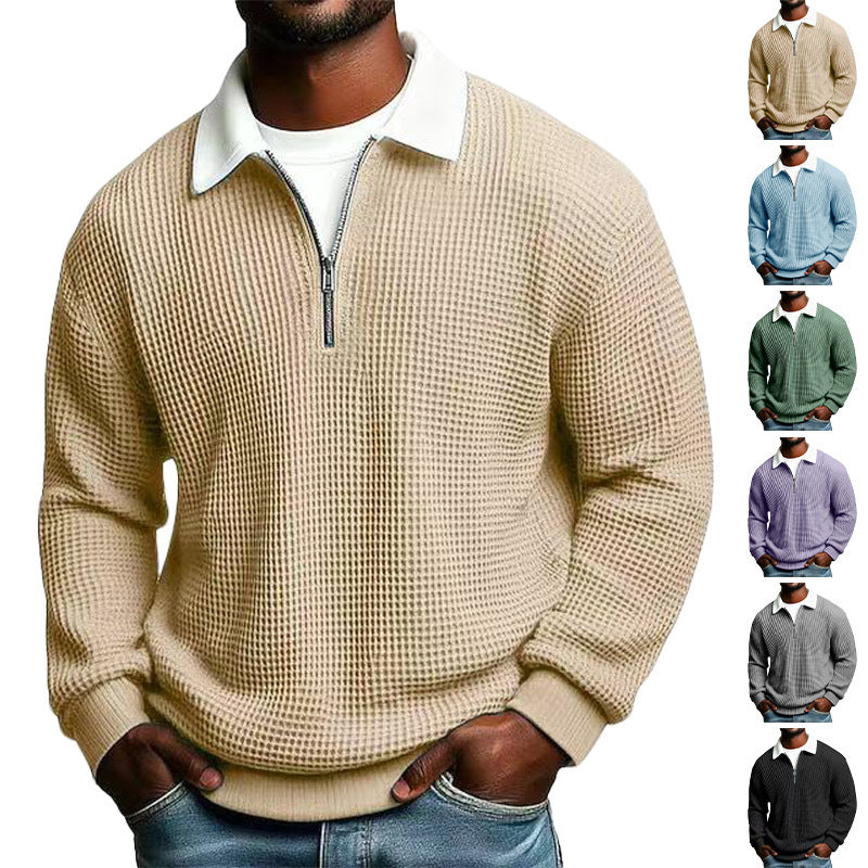 Men’s Waffle Knit Zip Polo – Long Sleeve Casual Shirt