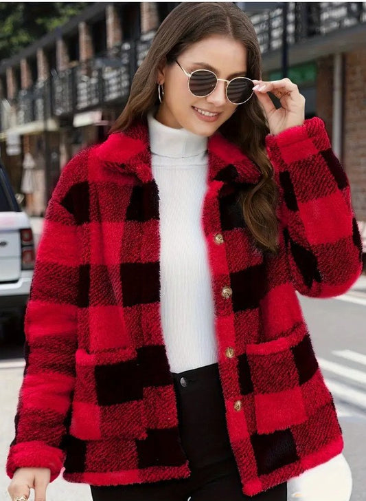 Color Block Plaid Jacket – Casual Button-Up Coat with Pockets