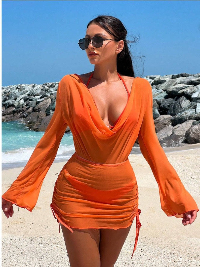 3-Piece Bikini Set with Cover-Up – Lace-Up Beachwear