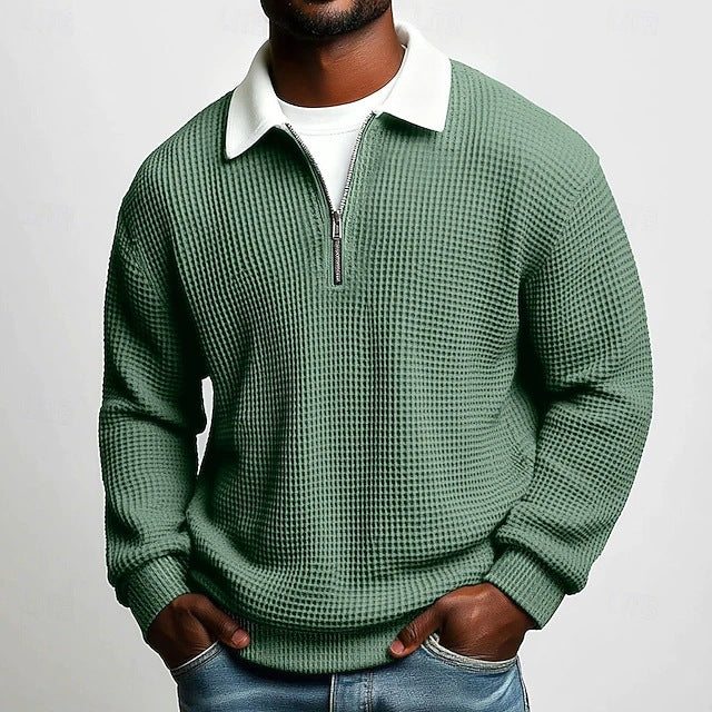 Men’s Waffle Knit Zip Polo – Long Sleeve Casual Shirt