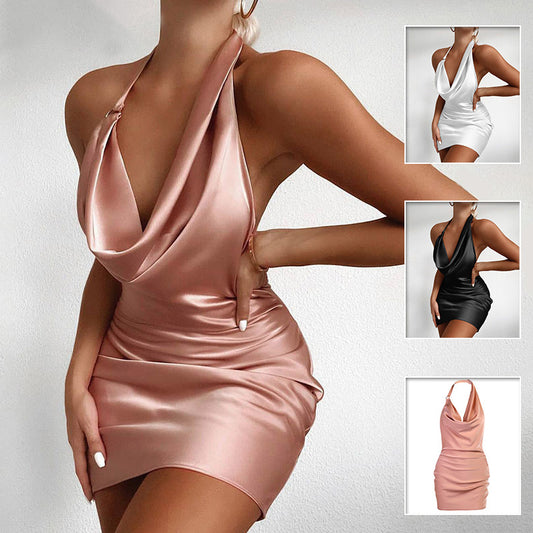 Satin V-Neck Backless Mini Dress – Elegant Party Style