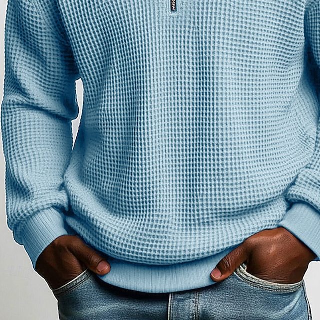 Men’s Waffle Knit Zip Polo – Long Sleeve Casual Shirt