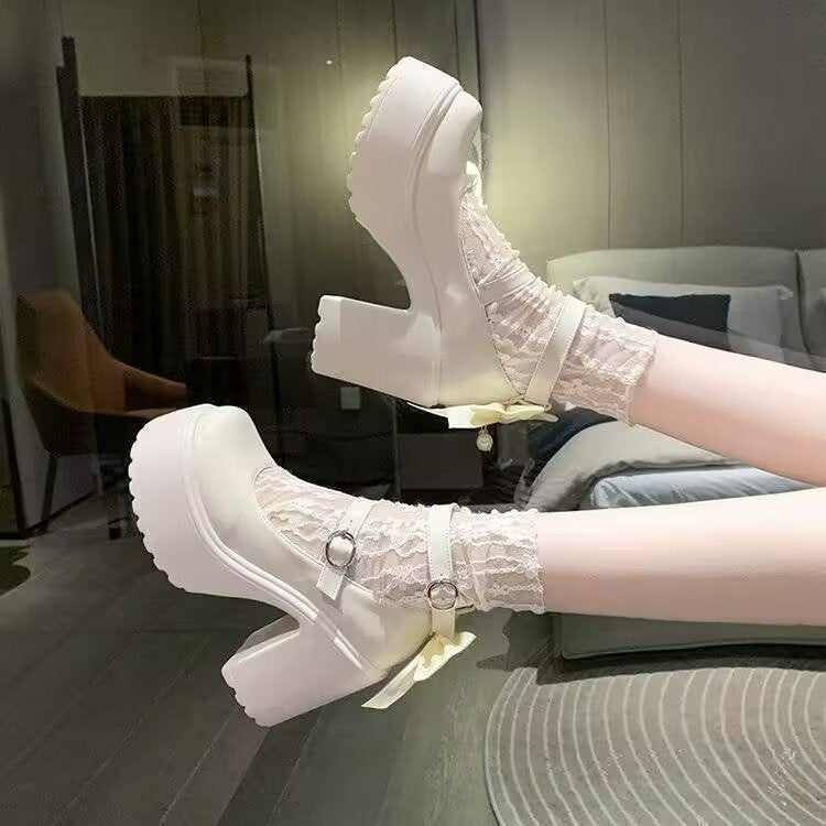 White Platform Mary Jane Heels – Bow Detail
