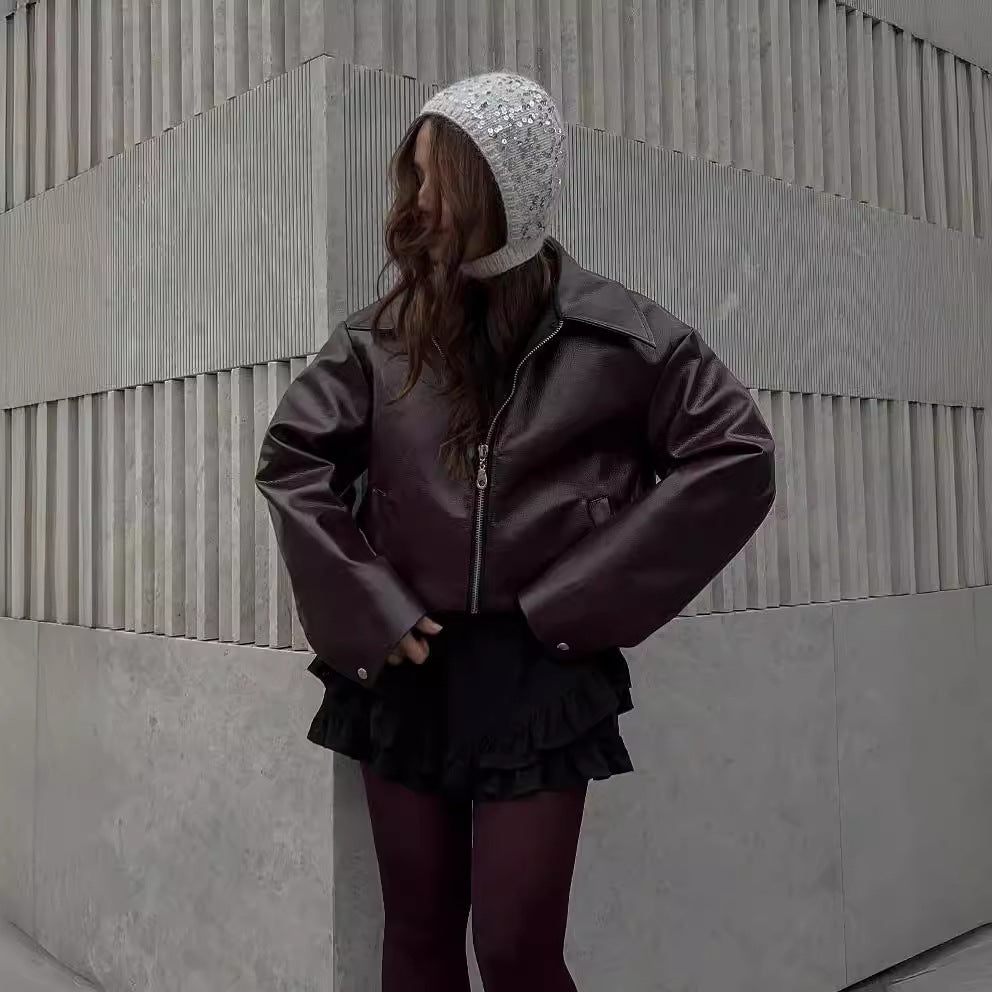 Women’s Leather Jacket – Zip-Up Long Sleeve Coat