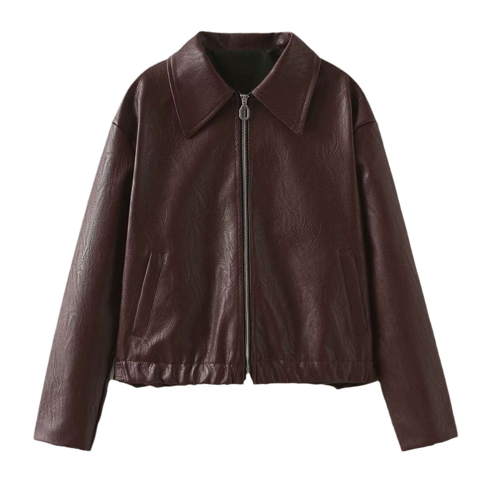 Women’s Leather Jacket – Zip-Up Long Sleeve Coat