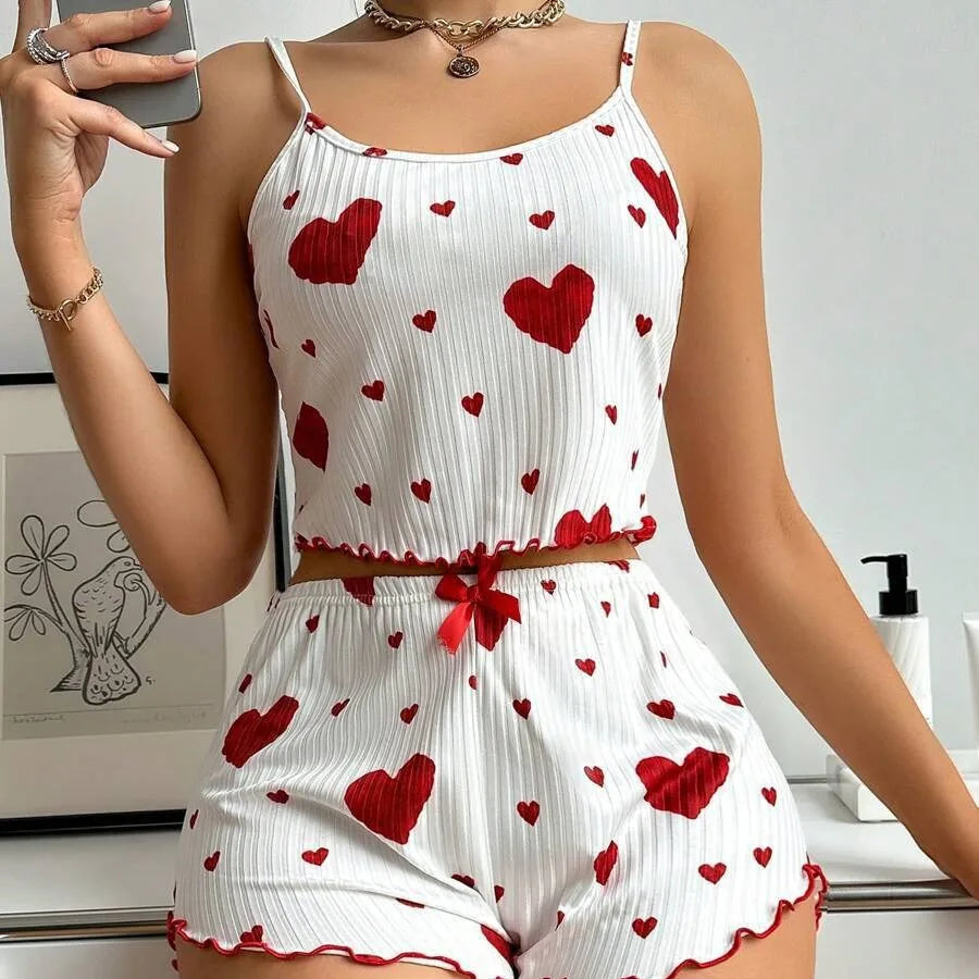 Heart Print Pajama Set – Soft Sleeveless Crop Top & Shorts