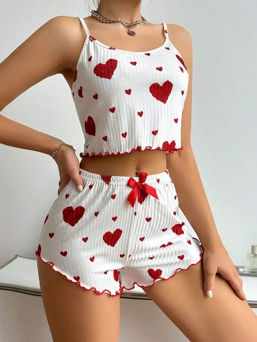 Heart Print Pajama Set – Soft Sleeveless Crop Top & Shorts
