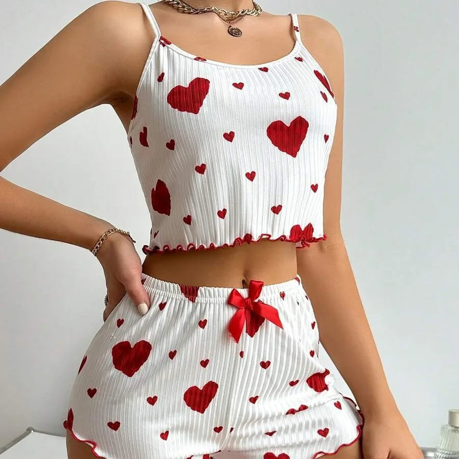 Heart Print Pajama Set – Soft Sleeveless Crop Top & Shorts