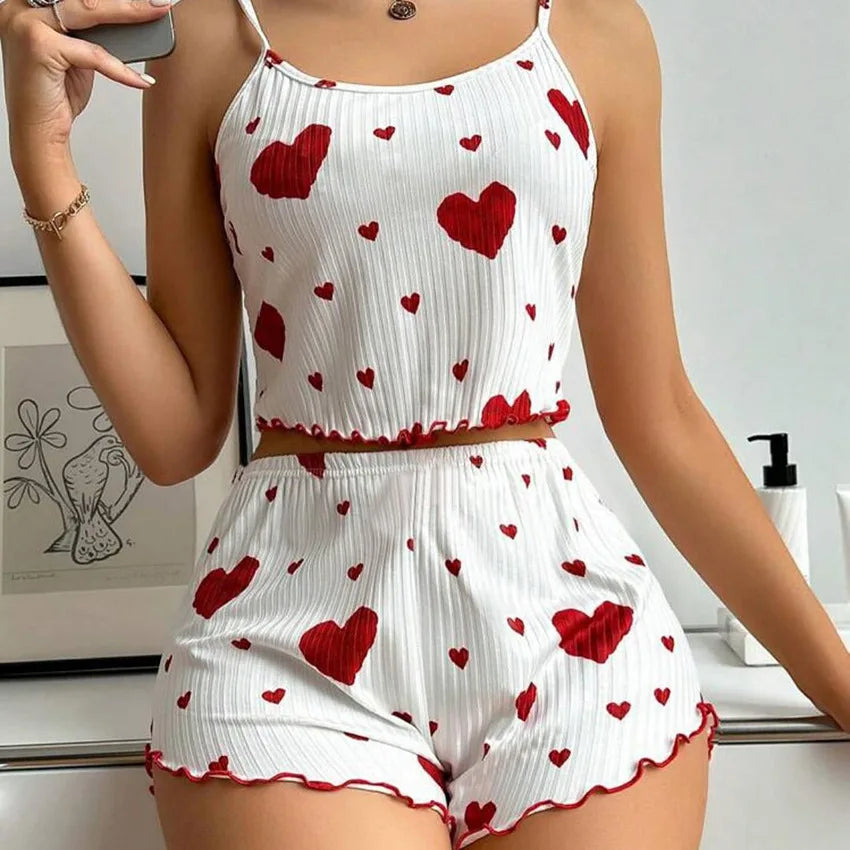 Heart Print Pajama Set – Soft Sleeveless Crop Top & Shorts