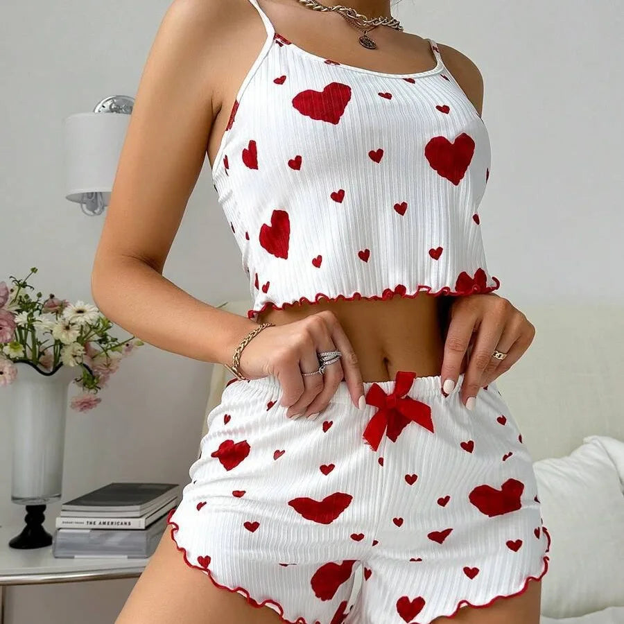 Heart Print Pajama Set – Soft Sleeveless Crop Top & Shorts