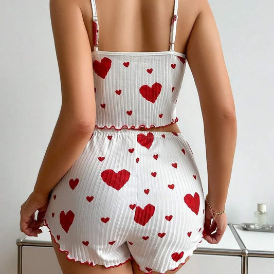 Heart Print Pajama Set – Soft Sleeveless Crop Top & Shorts