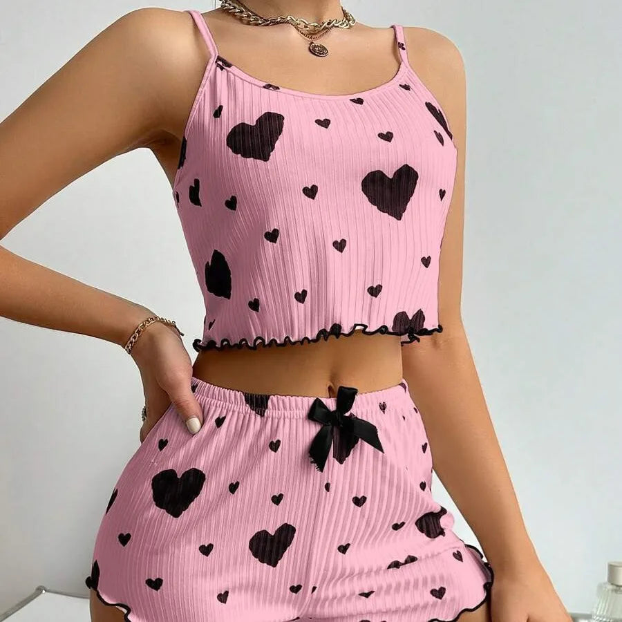 Heart Print Pajama Set – Soft Sleeveless Crop Top & Shorts
