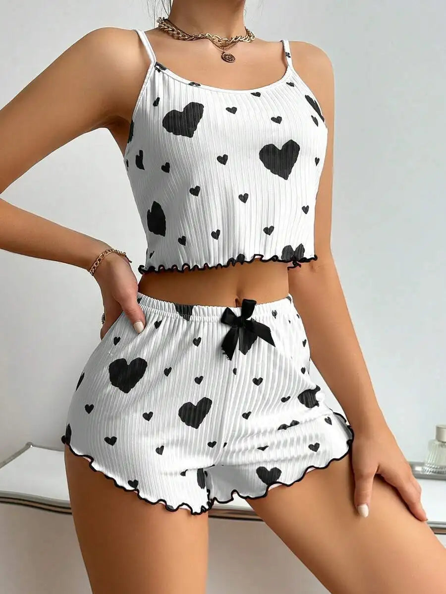 Heart Print Pajama Set – Soft Sleeveless Crop Top & Shorts