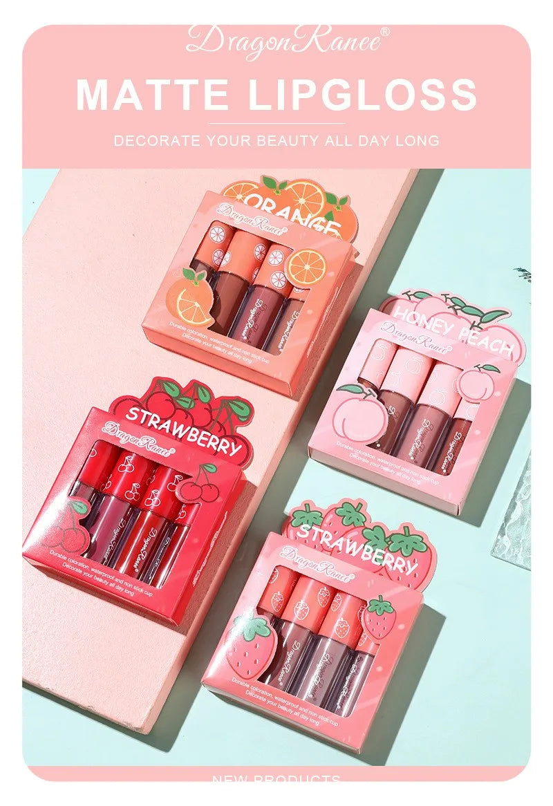 Fruity Kiss Velvet Lips – 4 Mini Matte Tints, Long-Lasting