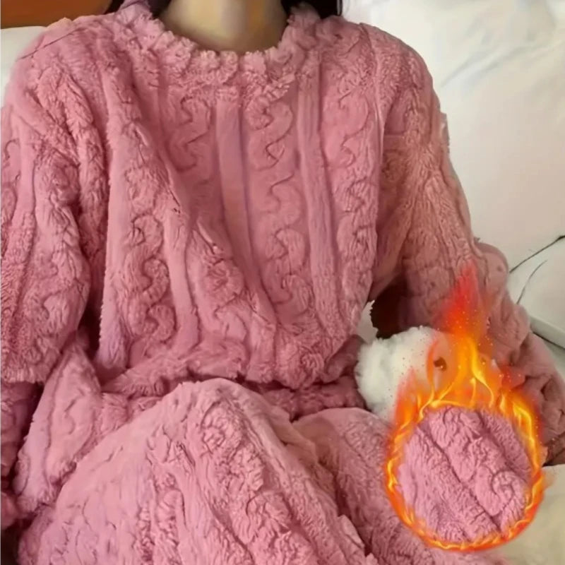 Women’s Coral Velvet Jacquard Pajama Set – Soft and Warm