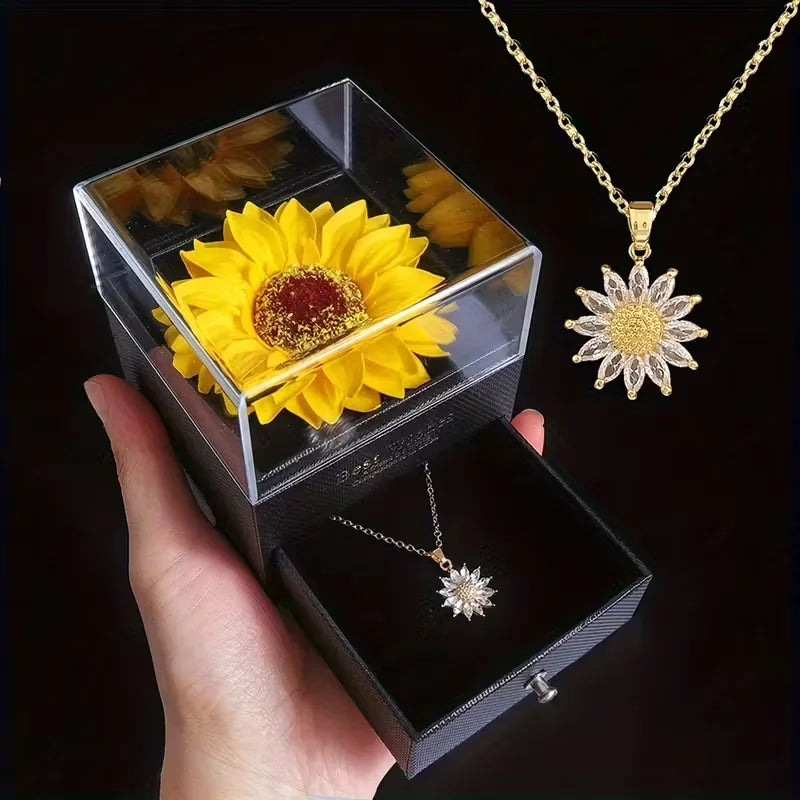 Sunflower & Daisy Pendant Necklace – Stainless Steel with Zircon, Gift Box Included