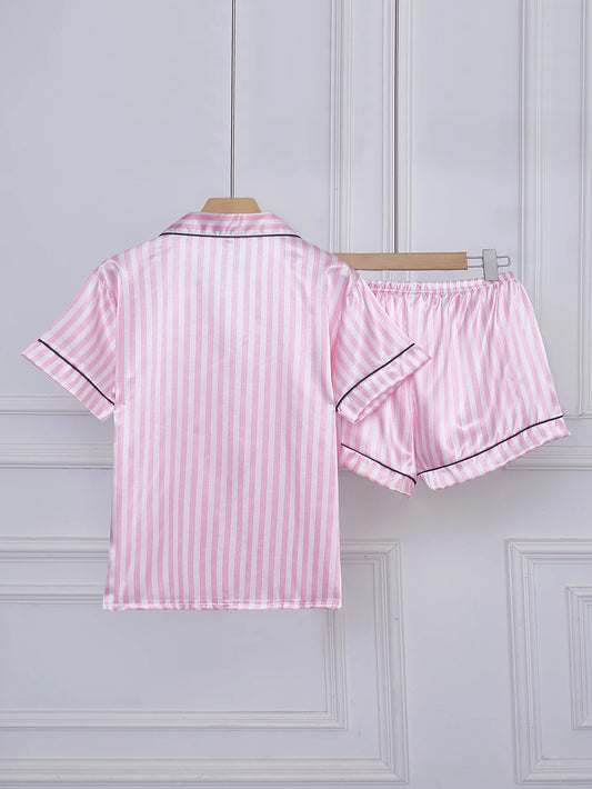 Striped Pajama Set – Short Sleeve Top and Shorts with Pocket