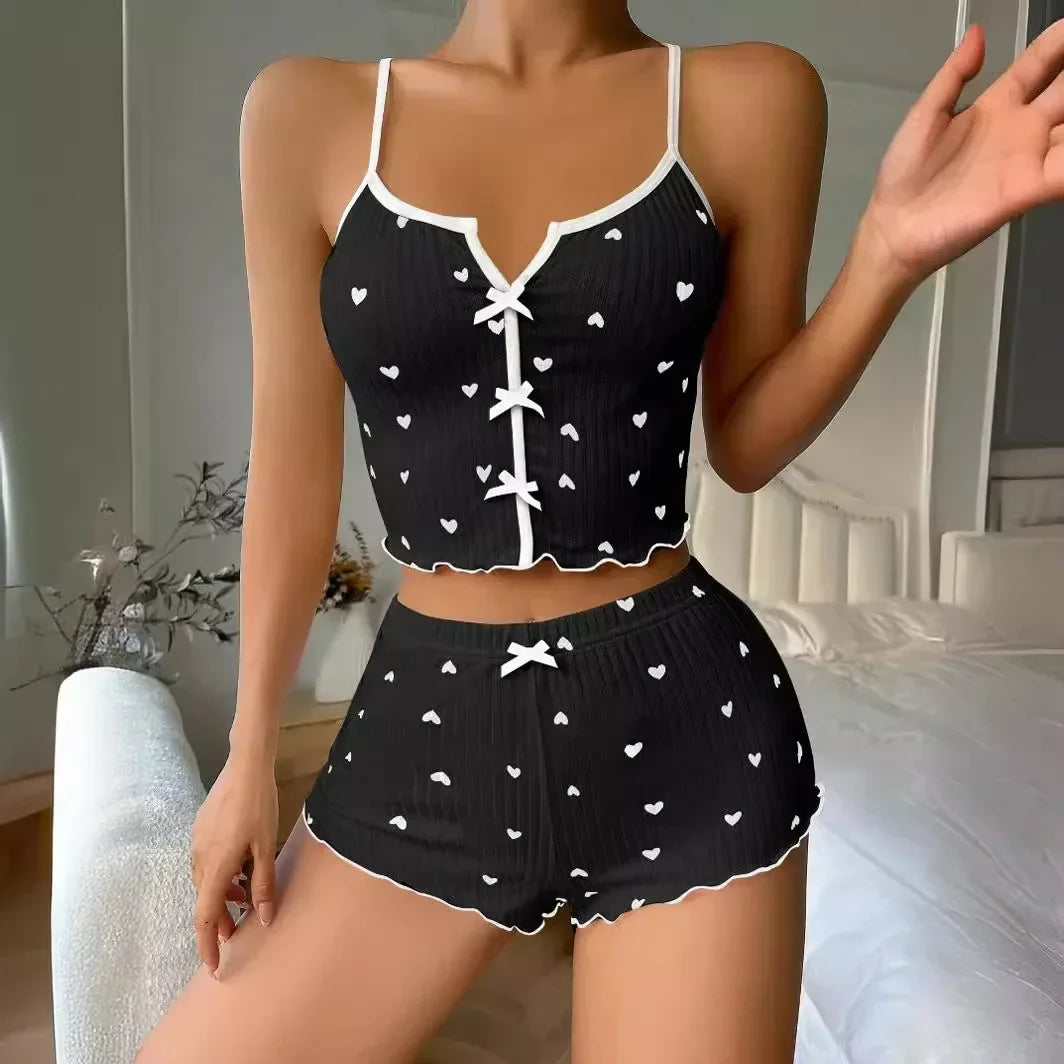 Women’s Sleepwear Pajama Set – Heart Print, Soft Ribbed Fabric