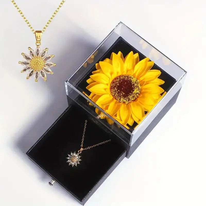 Sunflower & Daisy Pendant Necklace – Stainless Steel with Zircon, Gift Box Included