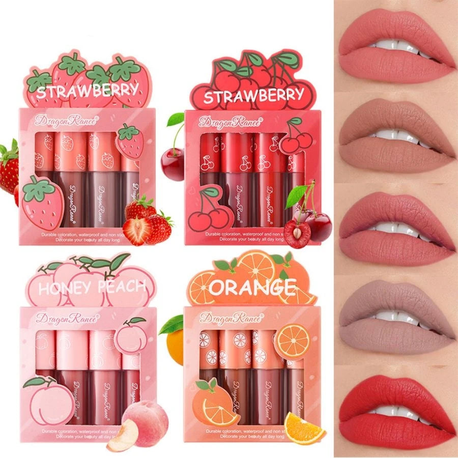 Fruity Kiss Velvet Lips – 4 Mini Matte Tints, Long-Lasting