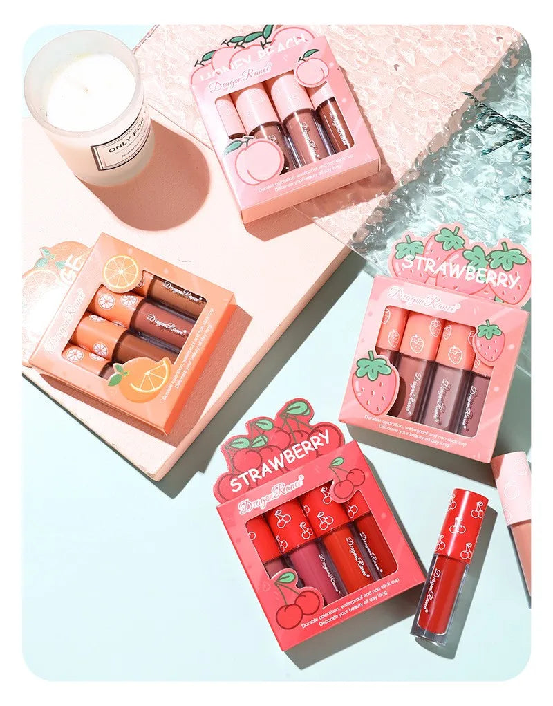 Fruity Kiss Velvet Lips – 4 Mini Matte Tints, Long-Lasting