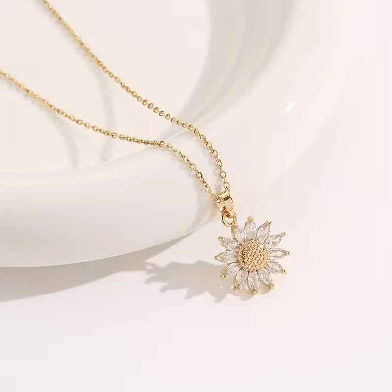 Sunflower & Daisy Pendant Necklace – Stainless Steel with Zircon, Gift Box Included