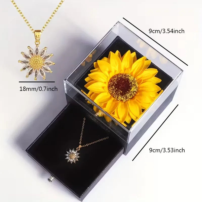 Sunflower & Daisy Pendant Necklace – Stainless Steel with Zircon, Gift Box Included
