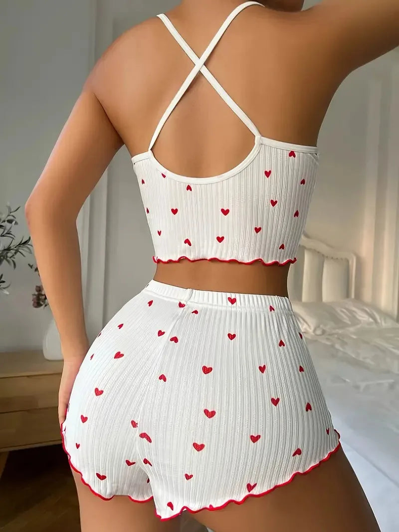 Women’s Sleepwear Pajama Set – Heart Print, Soft Ribbed Fabric