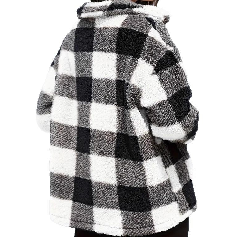 Color Block Plaid Jacket – Casual Button-Up Coat with Pockets