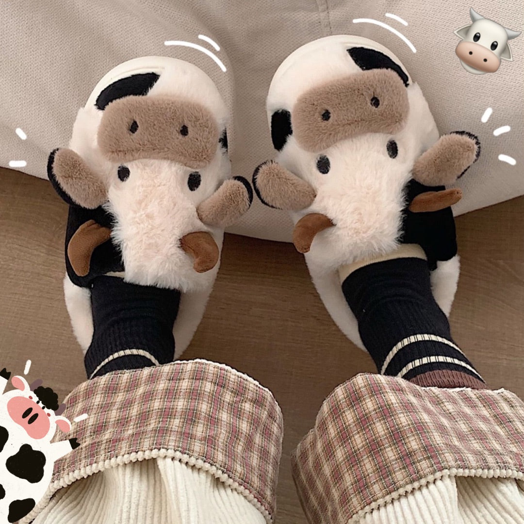 Cow Plush Slippers – Cute Kawaii Soft Indoor Shoes