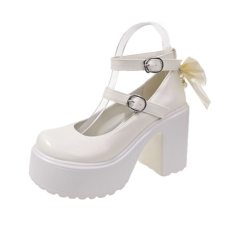 White Platform Mary Jane Heels – Bow Detail