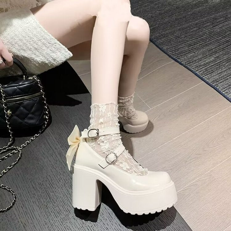 White Platform Mary Jane Heels – Bow Detail