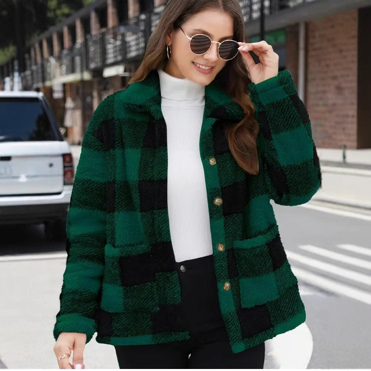 Color Block Plaid Jacket – Casual Button-Up Coat with Pockets