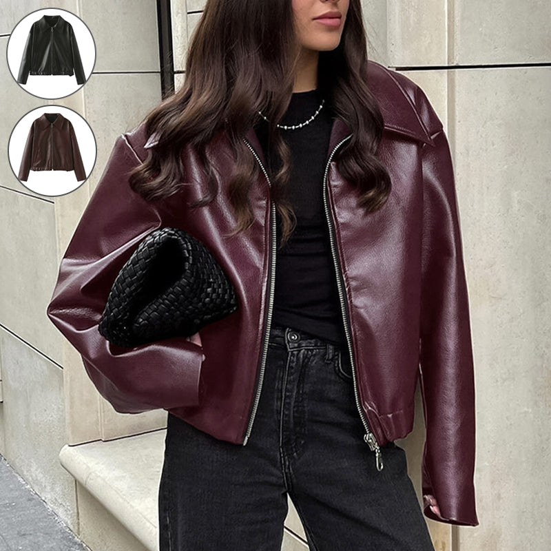 Women’s Leather Jacket – Zip-Up Long Sleeve Coat