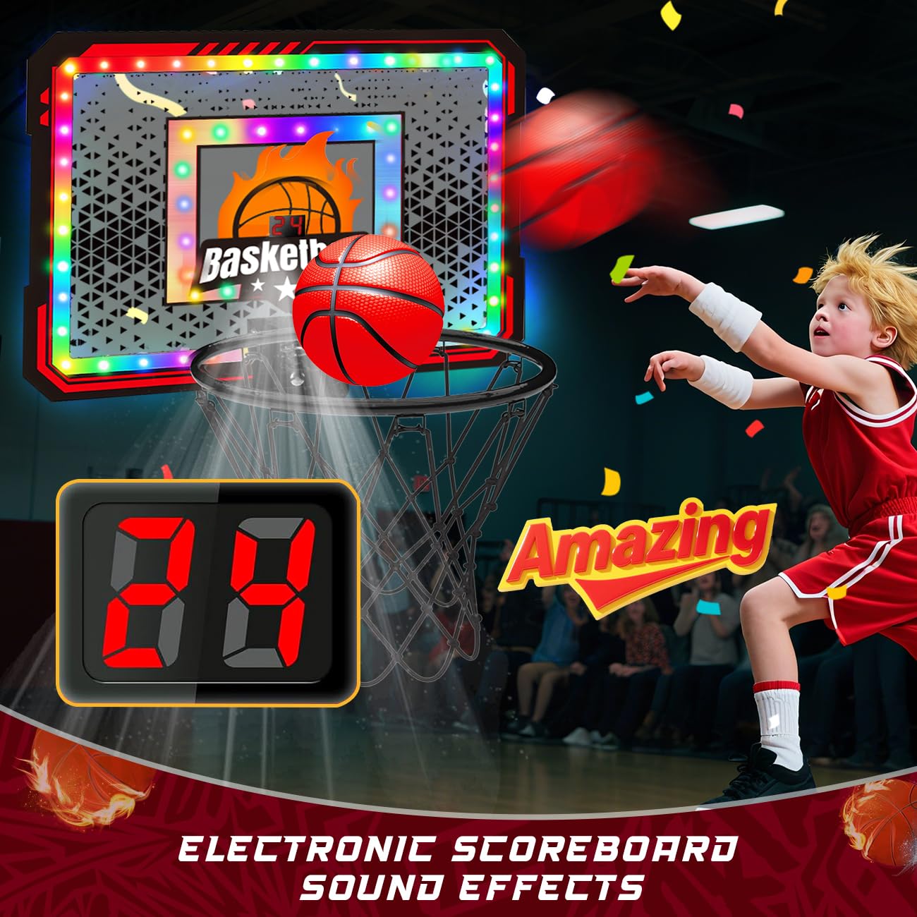 Indoor Basketball Hoop – LED Light-Up with Scoreboard & Balls