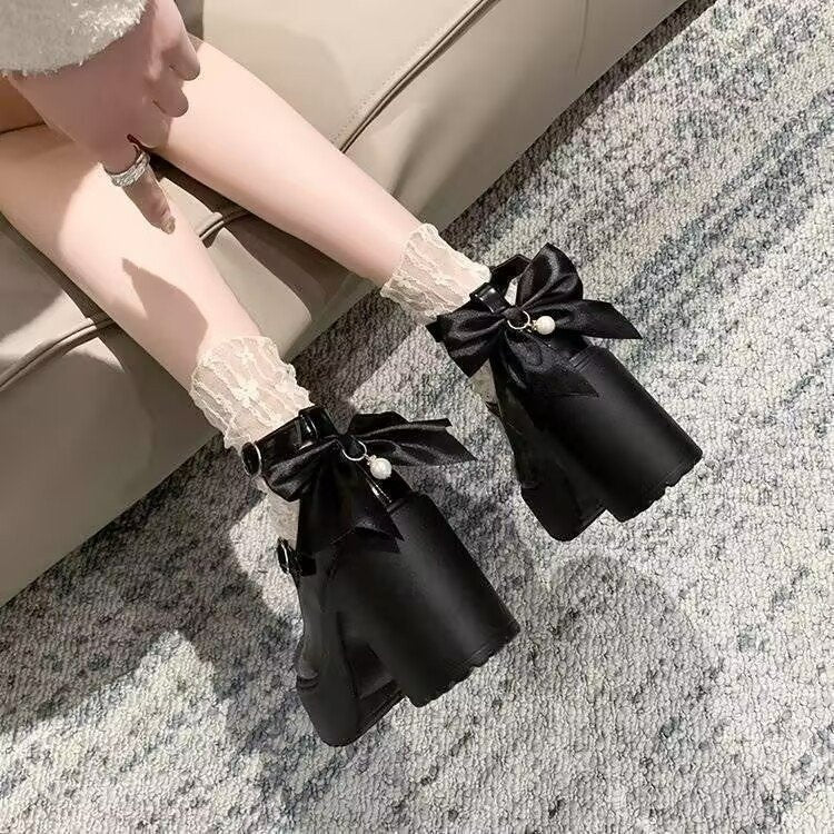 White Platform Mary Jane Heels – Bow Detail